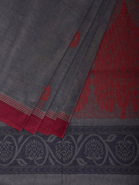 Grey and Maroon Venkatagiri Cotton Saree with Buta and Pallu Design v0277