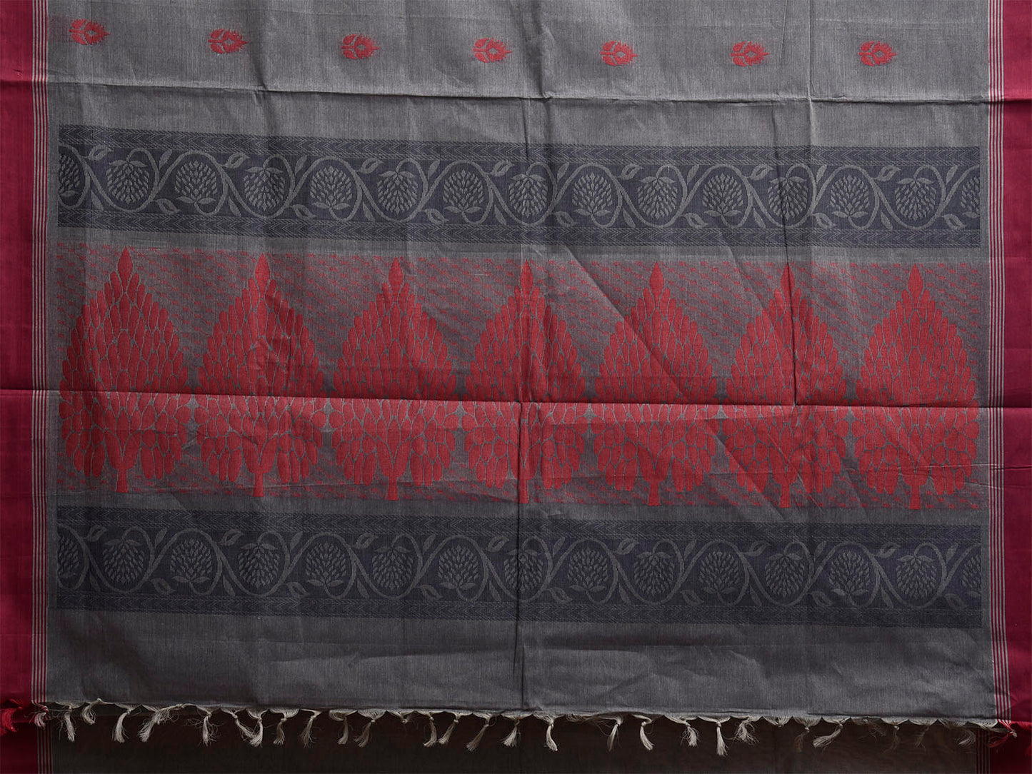 Grey and Maroon Venkatagiri Cotton Saree with Buta and Pallu Design v0277