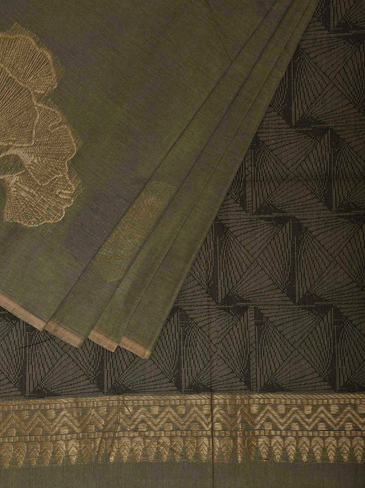 Light Green Venkatagiri Cotton Saree with Leaves Buta Design v0278