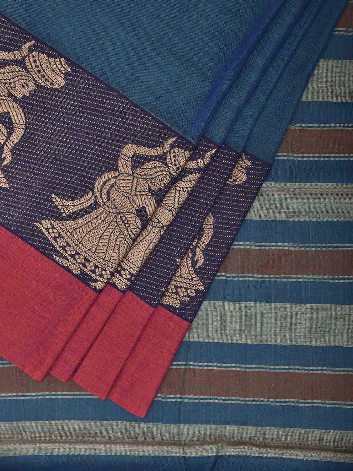 Blue Venkatagiri Cotton Plain Saree with Strips Pallu and Gollabhama Border Design No Blouse v0284