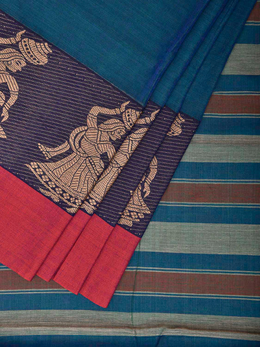 Blue Venkatagiri Cotton Plain Saree with Strips Pallu and Gollabhama Border Design No Blouse v0284
