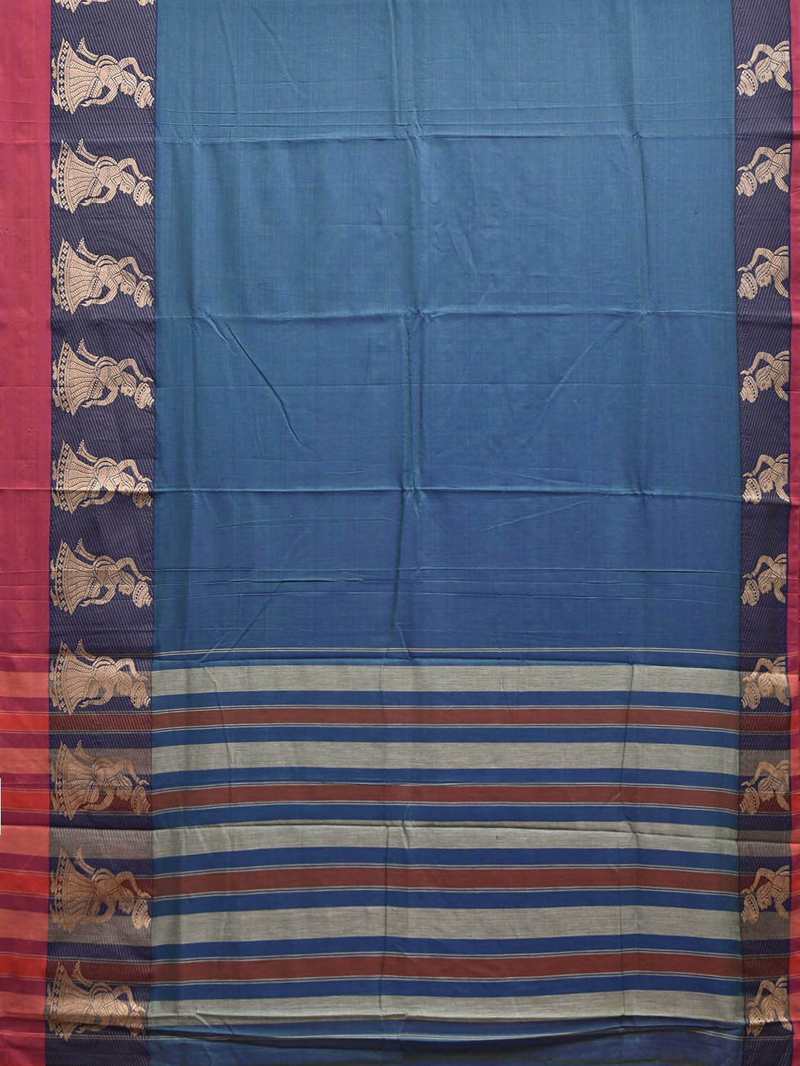 Blue Venkatagiri Cotton Plain Saree with Strips Pallu and Gollabhama Border Design No Blouse v0284