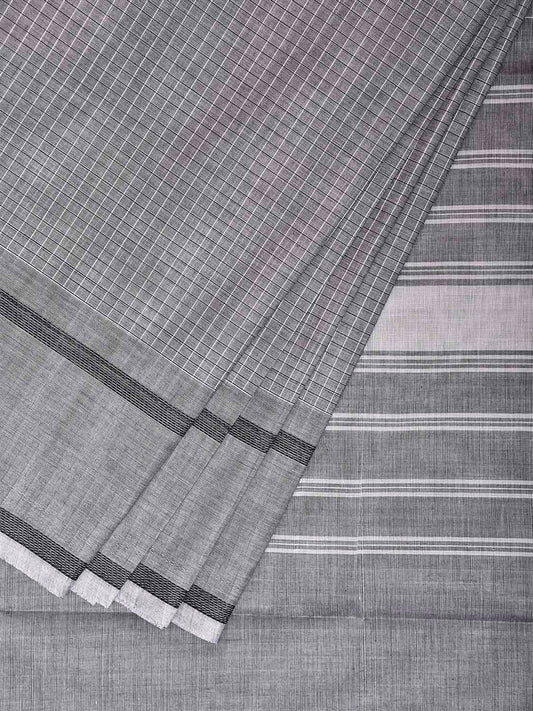 Grey Venkatagiri Cotton Saree with Checks and Strips Pallu Design v0298