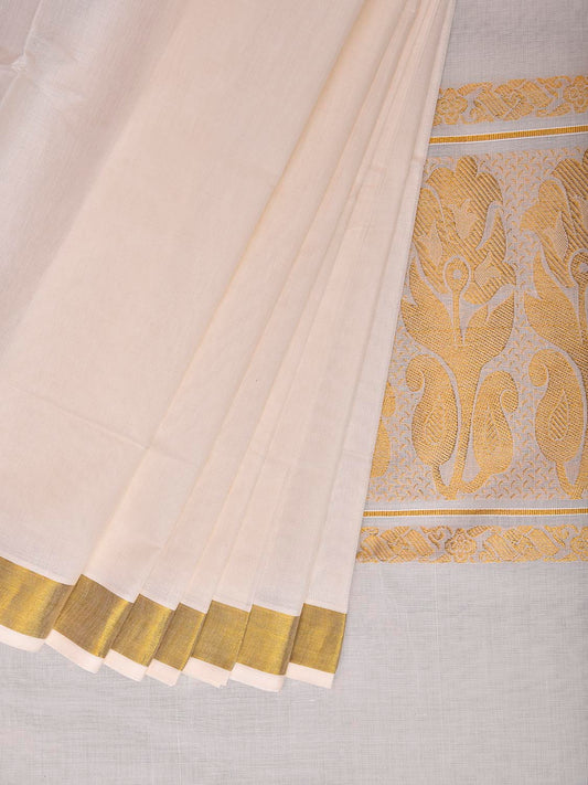 White Venkatagiri Cotton Plain Saree with Floral Pallu Design No Blouse v0301