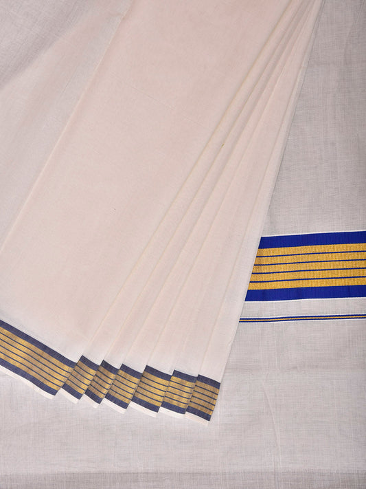 White Venkatagiri Cotton Plain Saree with Zari Strips Pallu Design No Blouse v0303