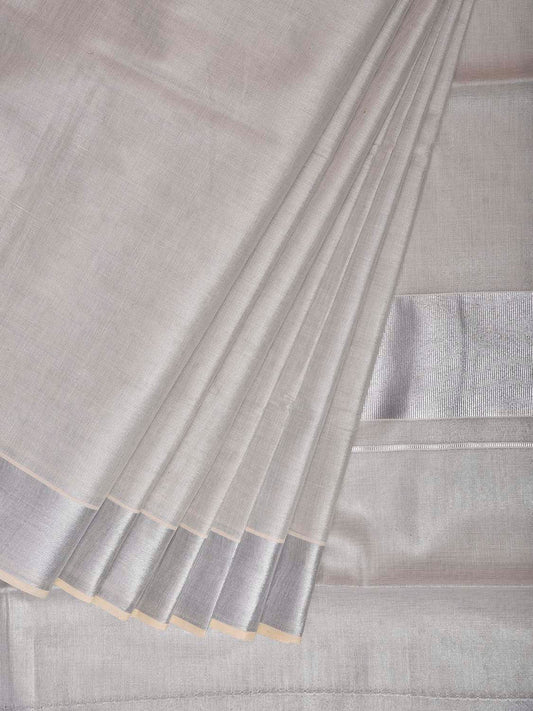 Silver Venkatagiri Tissue Plain Saree with Zari Strip Pallu Design No Blouse v0306