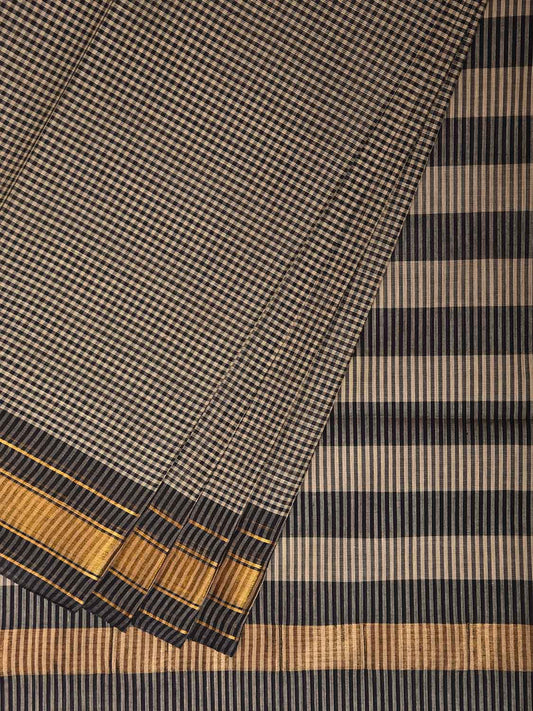 Cream and Black Venkatagiri Cotton Saree with Small Checks Design v0311