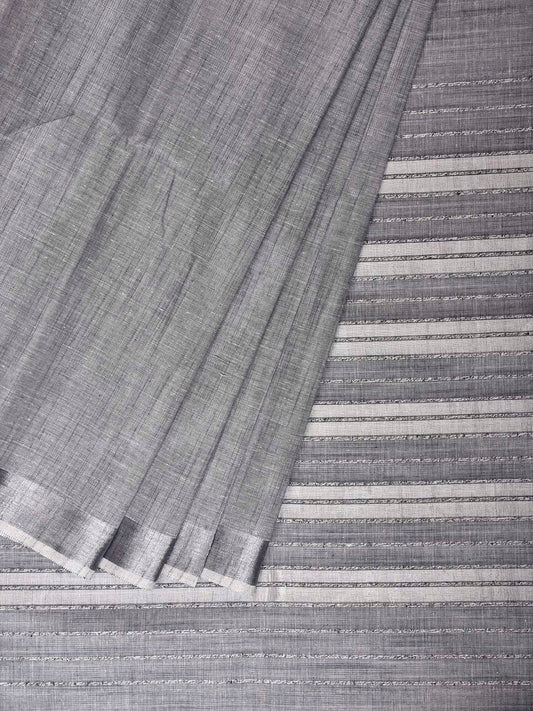 Light Grey and White Venkatagiri Plain Cotton Saree with Strips Pallu Design v0314