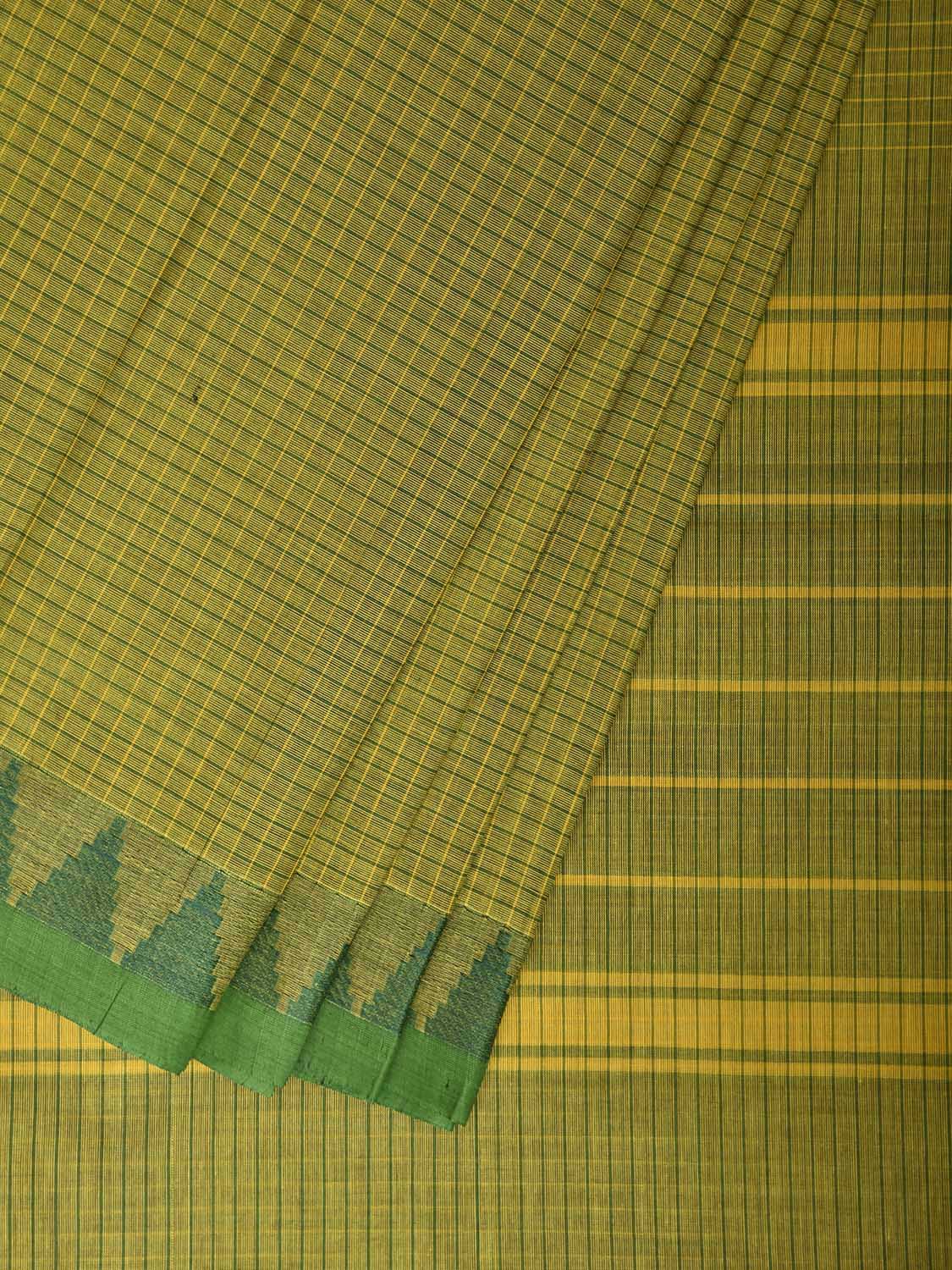 Green Venkatagiri Cotton Saree with Checks and Temple Border Design No Blouse v0317