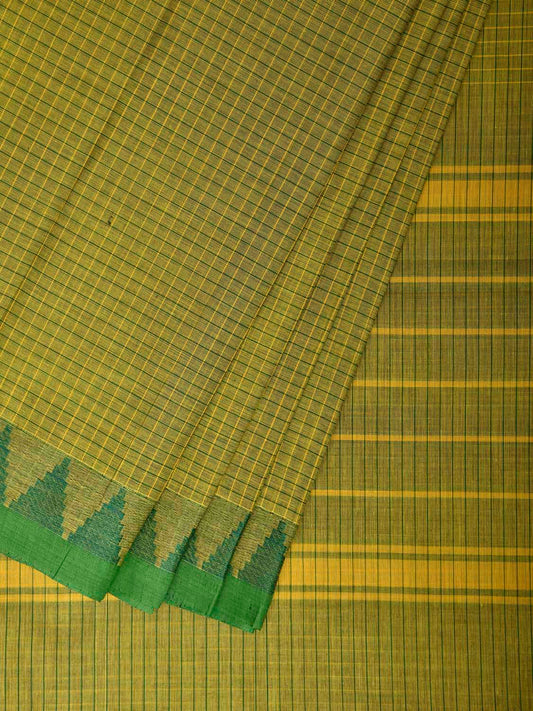 Green Venkatagiri Cotton Saree with Checks and Temple Border Design No Blouse v0317
