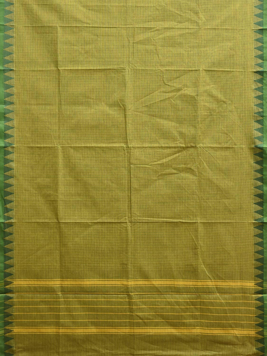 Green Venkatagiri Cotton Saree with Checks and Temple Border Design No Blouse v0317