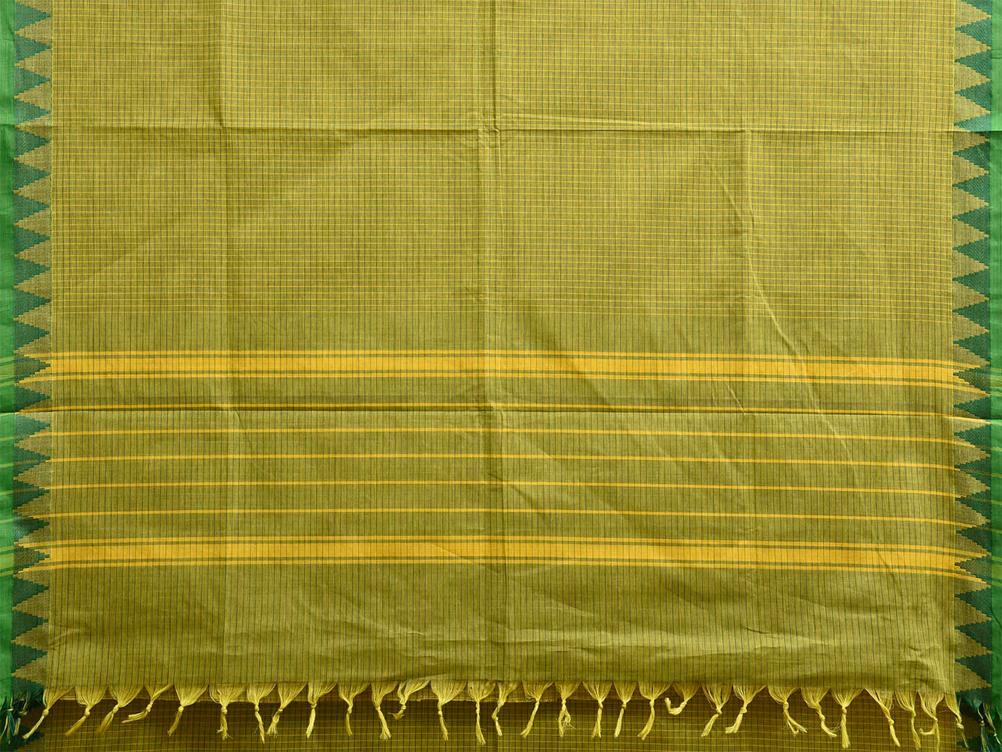Green Venkatagiri Cotton Saree with Checks and Temple Border Design No Blouse v0317