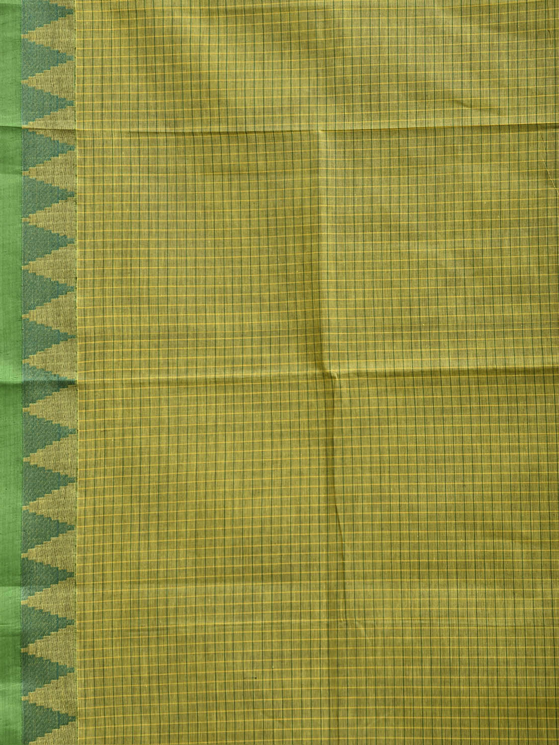 Green Venkatagiri Cotton Saree with Checks and Temple Border Design No Blouse v0317