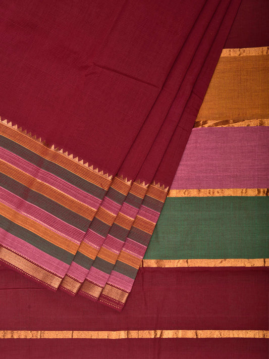 Maroon Venkatagiri Cotton Handloom Plain Saree with Strips Pallu Design v0318