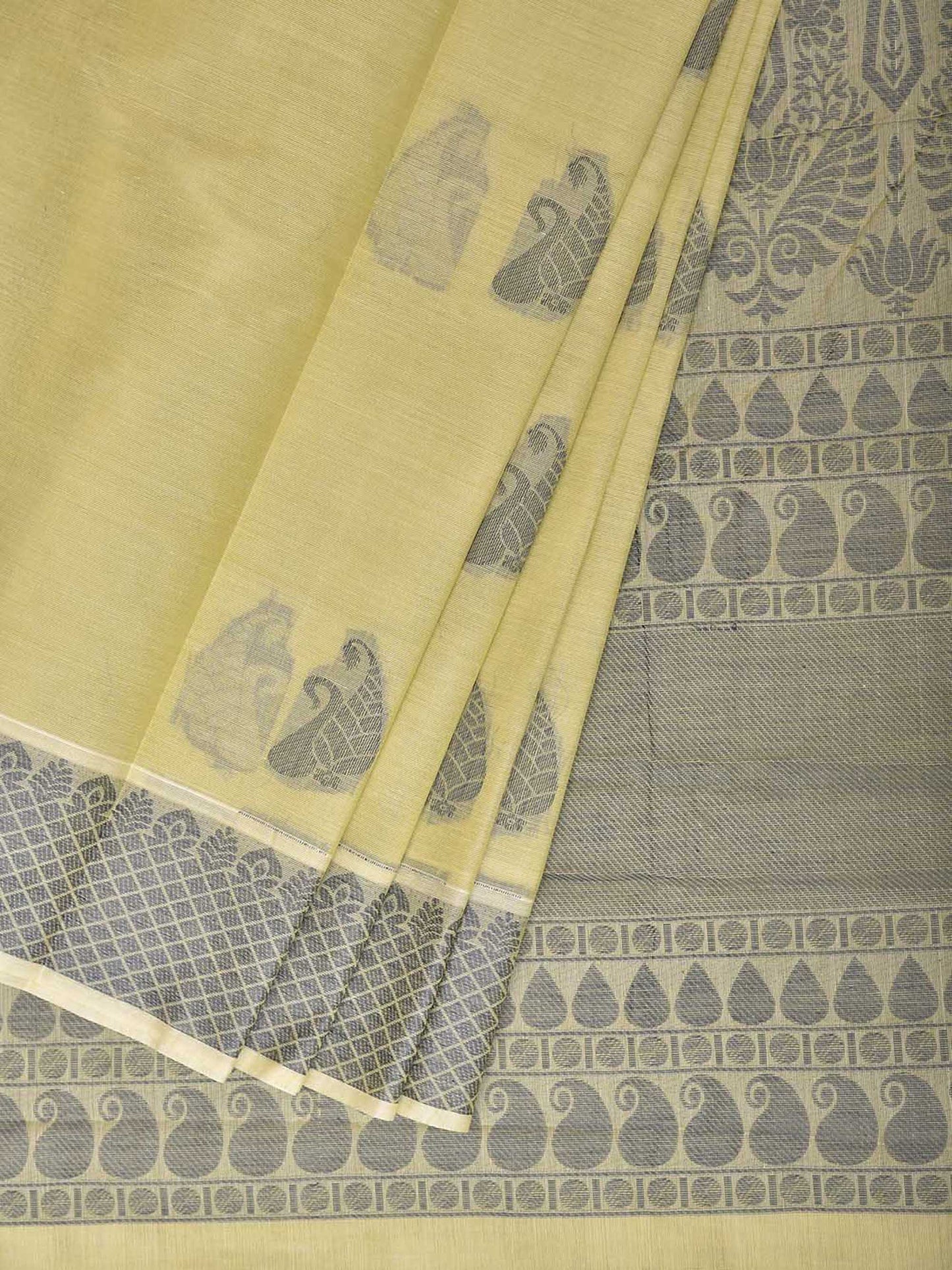 Light Yellow and Grey Venkatagiri Cotton Saree with Buta and Pallu Design v0321
