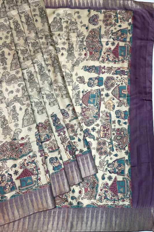 Violet and Cream Digital Printed Viscose Silk Saree with Village Theme Design pr0061ap