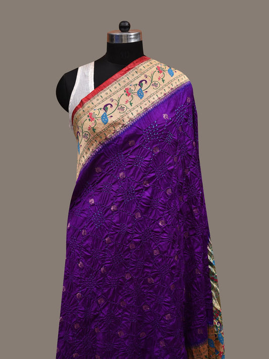 Violet Bandhani Paithani Silk Handloom Dupatta with Peacock Border Design ds2820