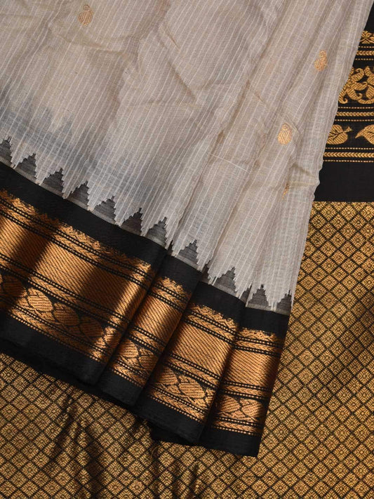 White and Black Gadwal Cotton Silk Handloom Saree with Mango Pallu Design No Blouse g0278