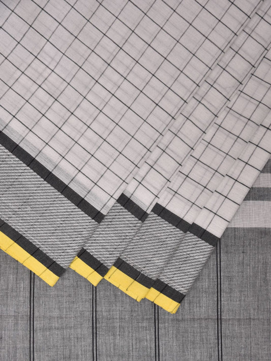 White and Black Kanchipuram Cotton Handloom Saree with Checks Design k0577