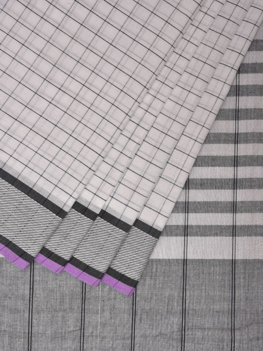 White and Black Kanchipuram Cotton Handloom Saree with Checks Design k0578