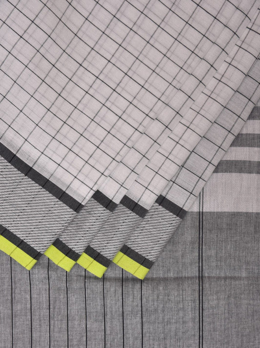 White and Black Kanchipuram Cotton Handloom Saree with Checks Design k0579