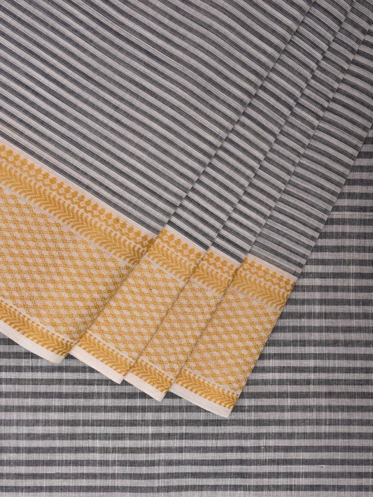 White and Black Kanchipuram Cotton Handloom Saree with Strips Design k0580