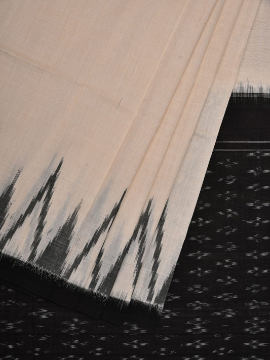 White and Black Pochampally Ikat Cotton Handloom Saree with Big Temple Border Design i0706