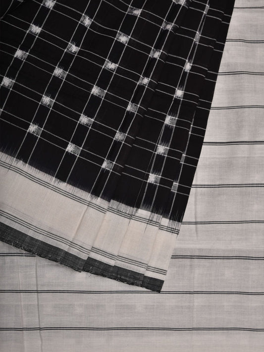White and Black Pochampally Ikat Cotton Handloom Saree with Checks Design i0737