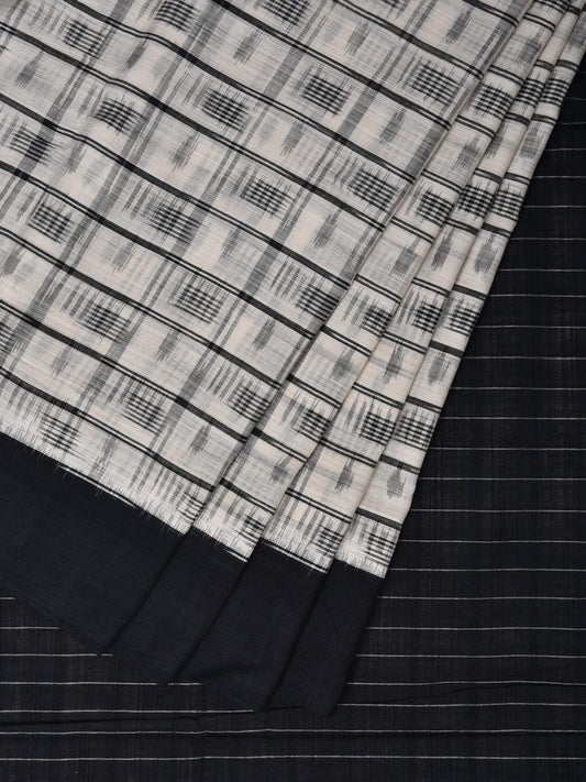White and Black Pochampally Ikat Cotton Handloom Saree with Small Checks Design i0618