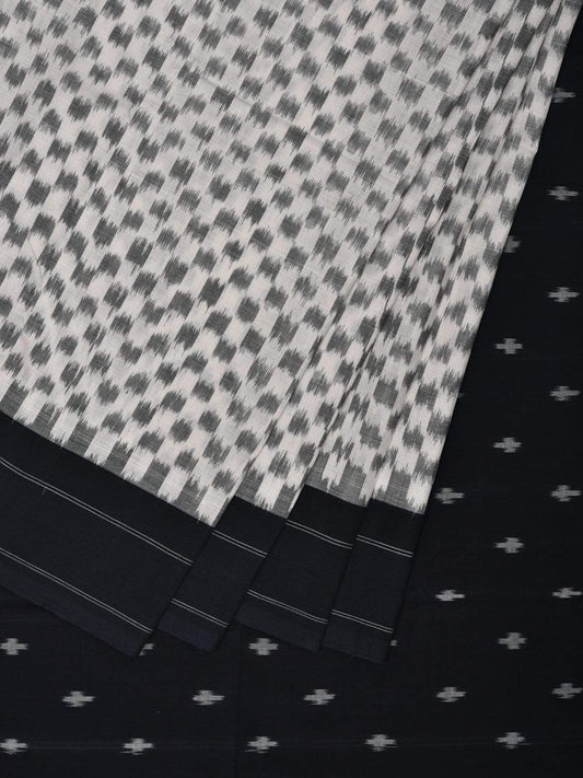 White and Black Pochampally Ikat Cotton Handloom Saree with Small Checks Design i0621
