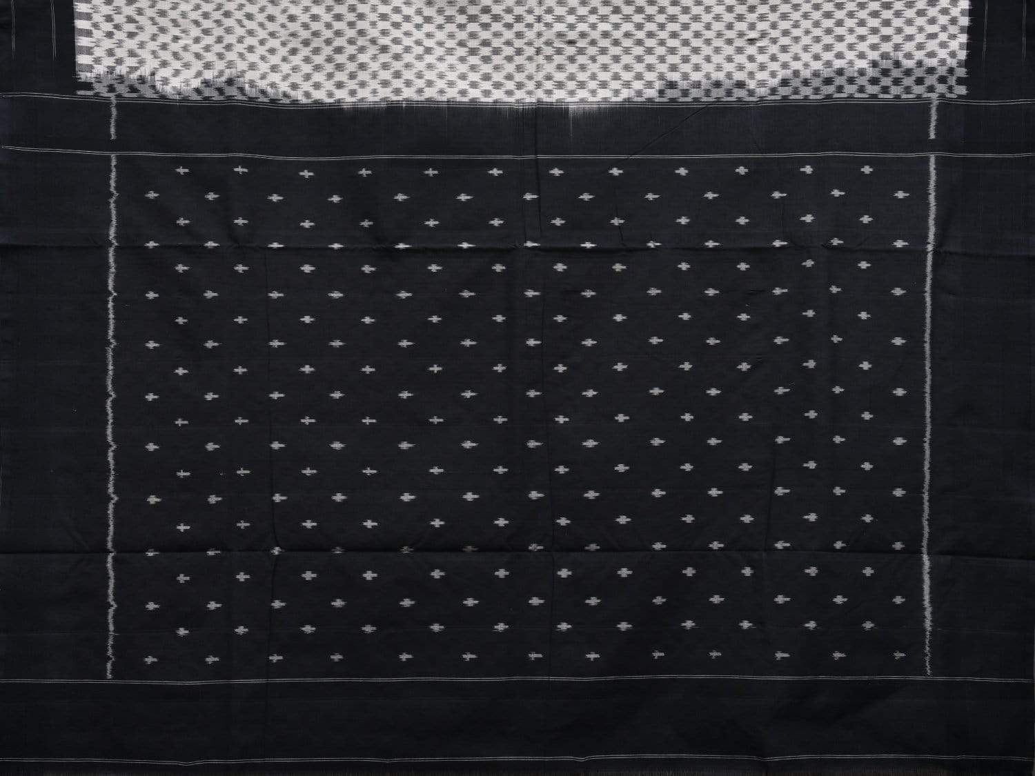 White and Black Pochampally Ikat Cotton Handloom Saree with Small Checks Design i0621