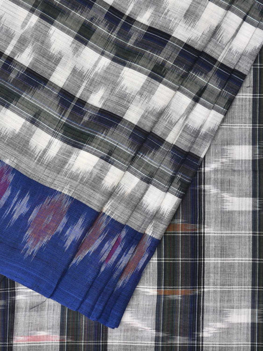 White and Black Pochampally Ikat Cotton Handloom Saree with Strips Design No Blouse i0798