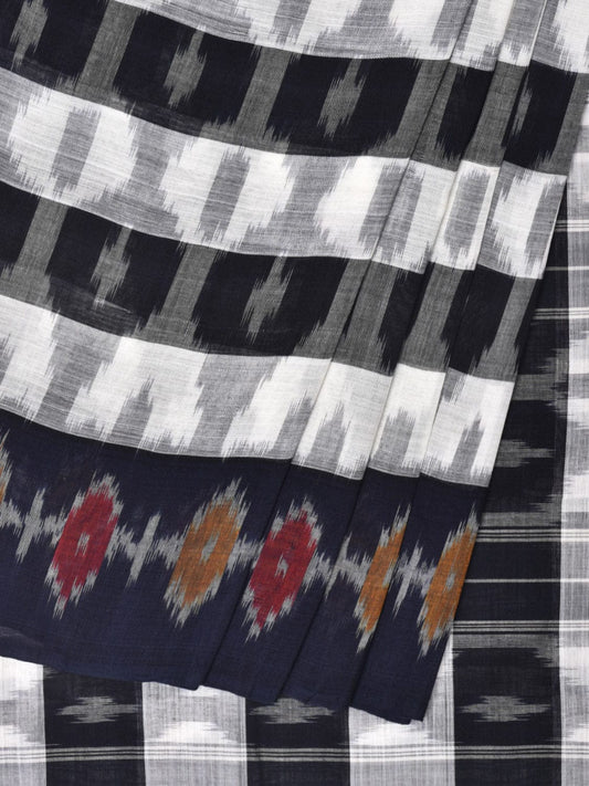 White and Black Pochampally Ikat Cotton Handloom Saree with Strips Design No Blouse i0800