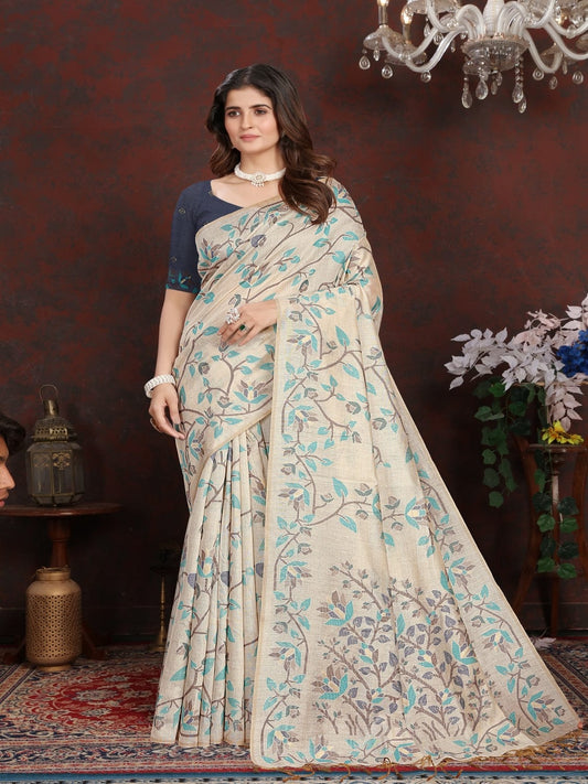 White and Blue Dhakai Jamdani Cotton Viscose Saree with Floral Border and Pallu Design dj0125