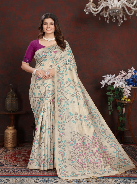 White and Blue Dhakai Jamdani Cotton Viscose Saree with Floral Border and Pallu Design dj0129