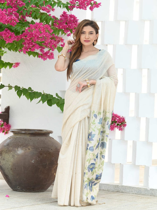 White and Blue Dhakai Jamdani Cotton Viscose Saree with Floral Pallu Design dj0119