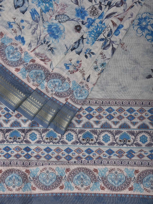 White and Blue Digital Print Blended Cotton Silk Saree with Floral Design o0656