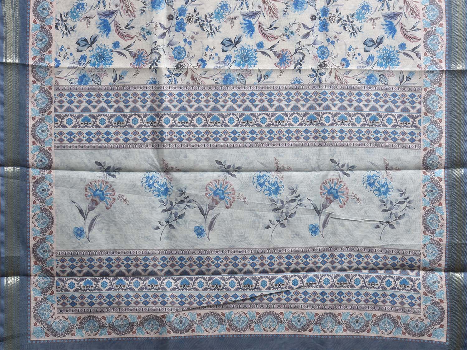 White and Blue Digital Print Blended Cotton Silk Saree with Floral Design o0656