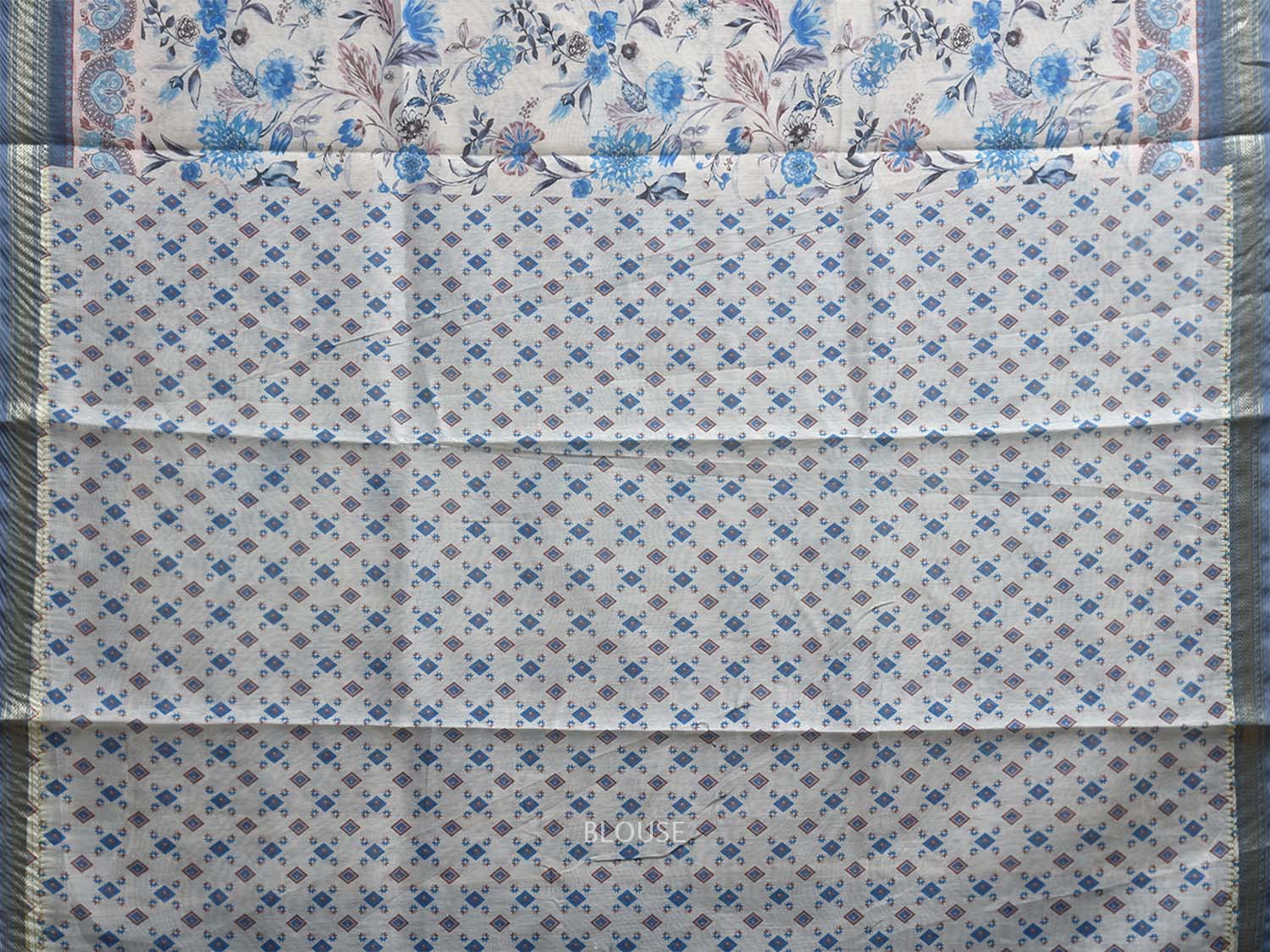 White and Blue Digital Print Blended Cotton Silk Saree with Floral Design o0656
