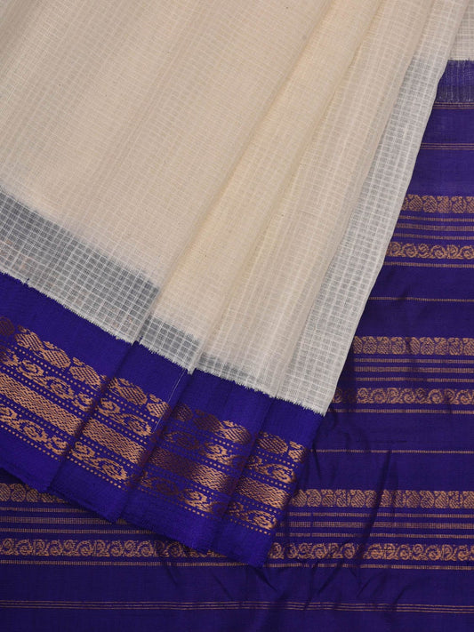 White and Blue Gadwal Cotton Handloom Saree with Checks Design No Blouse g0320