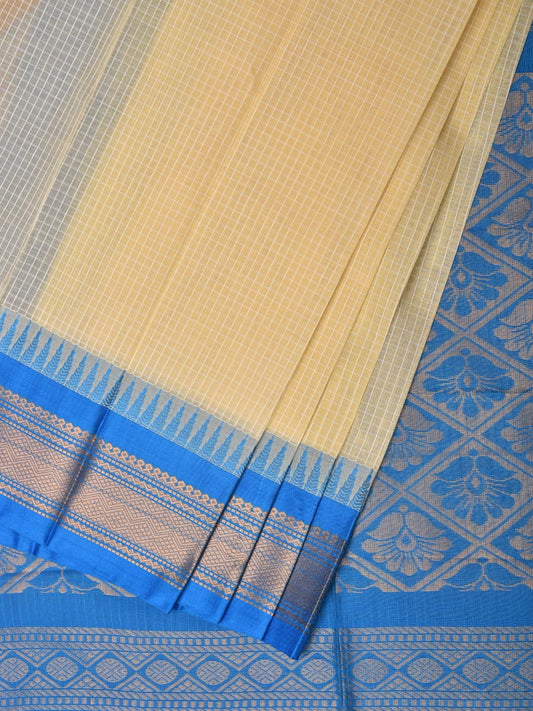 White and Blue Gadwal Cotton Plain Saree with Checks and Pallu Design No Blouse g0351