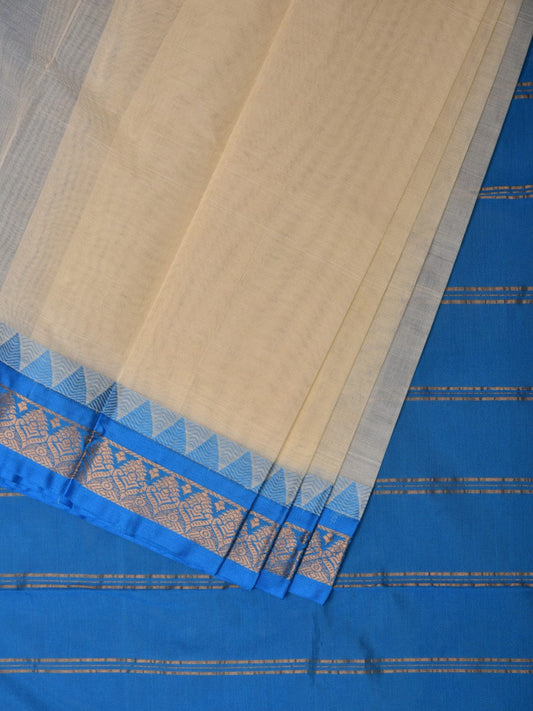 White and Blue Gadwal Cotton Plain Saree with Small Border Design No Blouse g0347