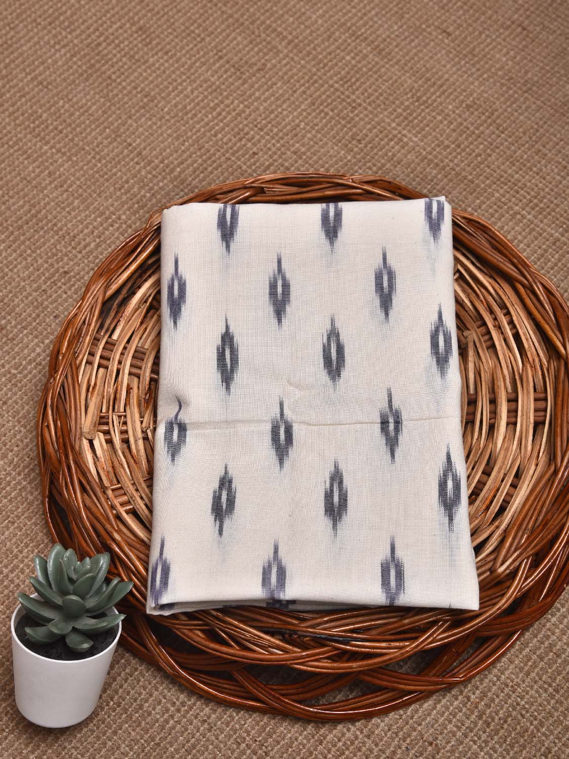 White and Blue Pochampally Ikat Cotton Handloom Blouse with Buta Design Length 1mt Width 44 Inches BL0144