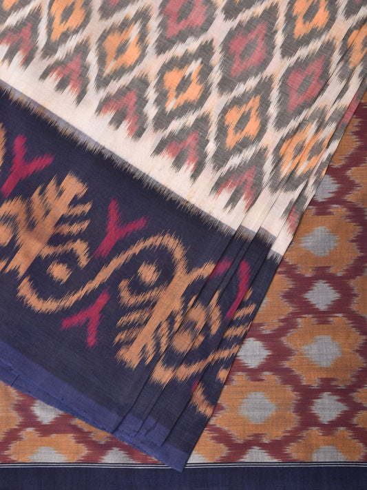 White and Blue Pochampally Ikat Cotton Handloom Saree with Grill Design i0791