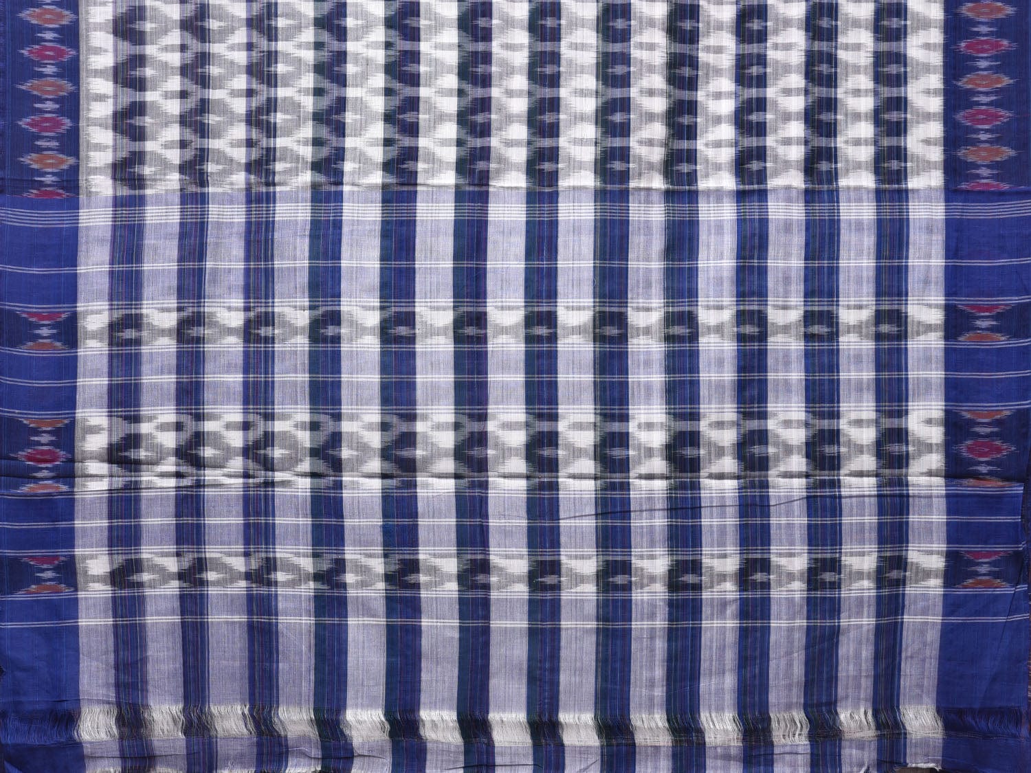 White and Blue Pochampally Ikat Cotton Handloom Saree with Strips Design No Blouse i0832
