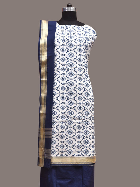 White and Dark Blue Bamboo Cotton Dress Material with Dupatta and Printed Top Plain Bottom Design dm0041