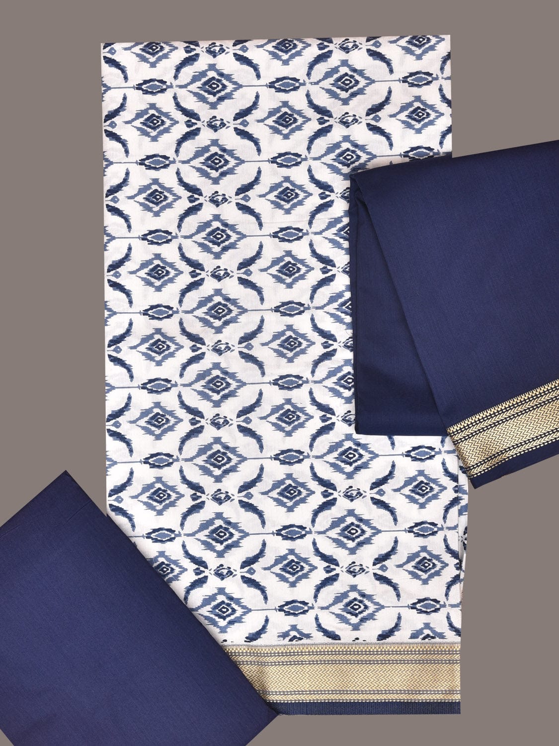 White and Dark Blue Bamboo Cotton Dress Material with Dupatta and Printed Top Plain Bottom Design dm0041