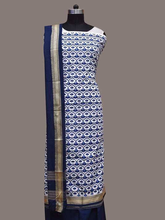 White and Dark Blue Bamboo Cotton Dress Material with Dupatta and Printed Top Plain Bottom Design dm0043