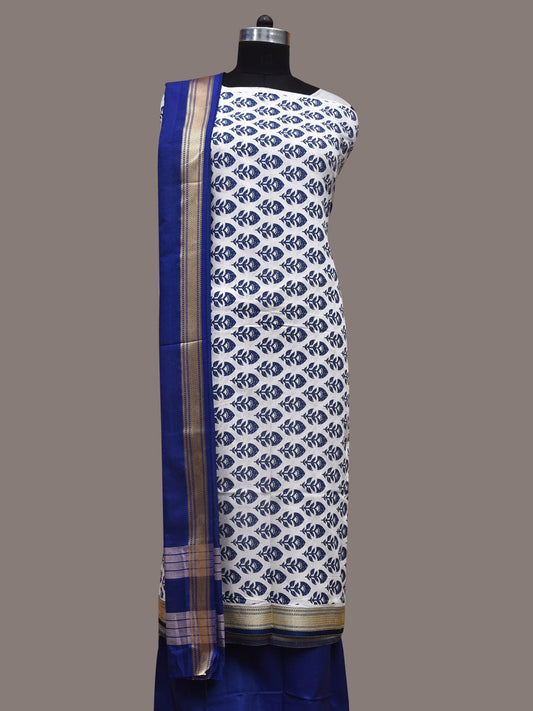 White and Dark Blue Bamboo Cotton Dress Material with Dupatta and Printed Top Plain Bottom Design dm0044