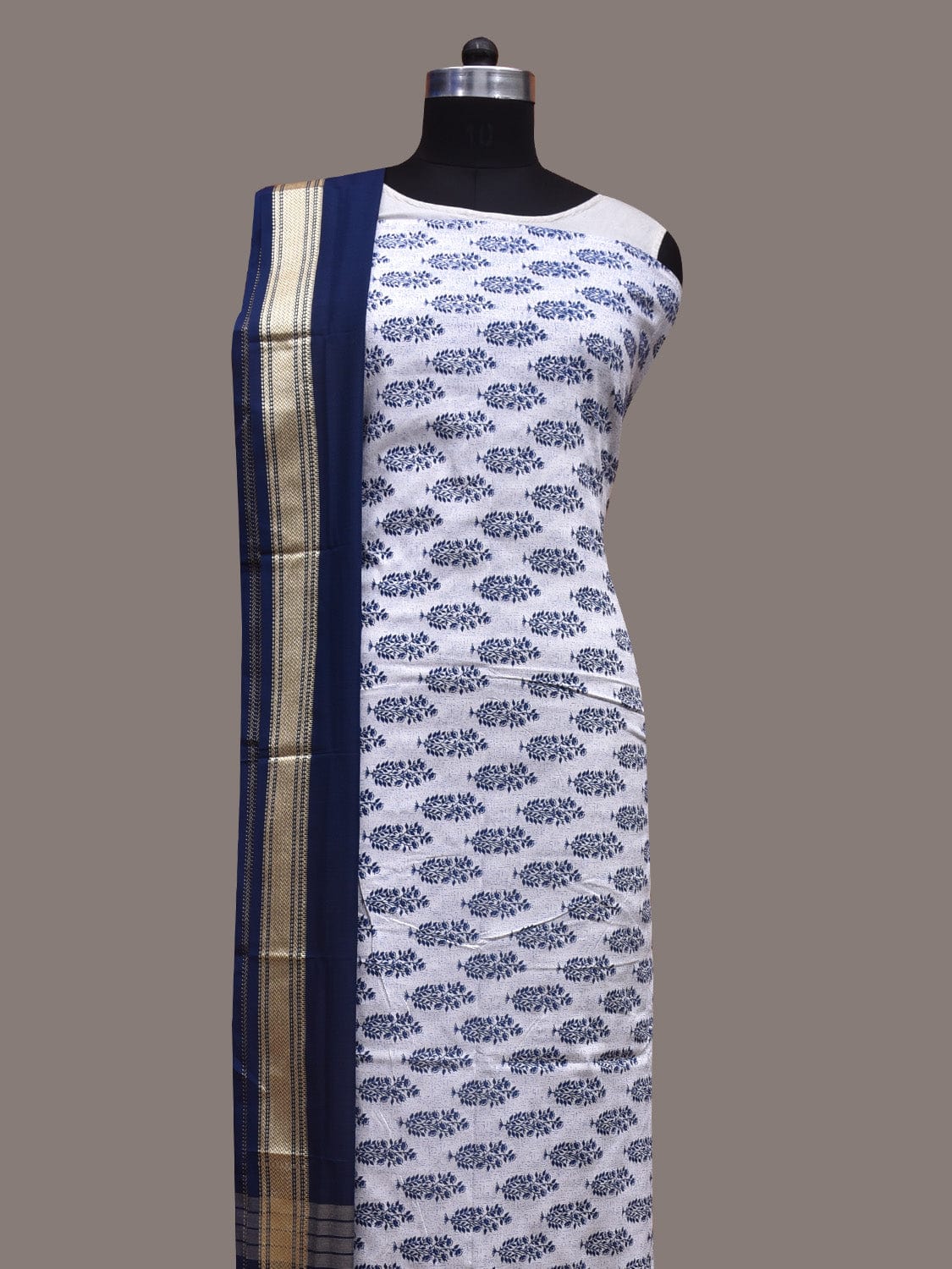 White and Dark Blue Bamboo Cotton Dress Material with Dupatta and Printed Top Plain Bottom Design dm0045